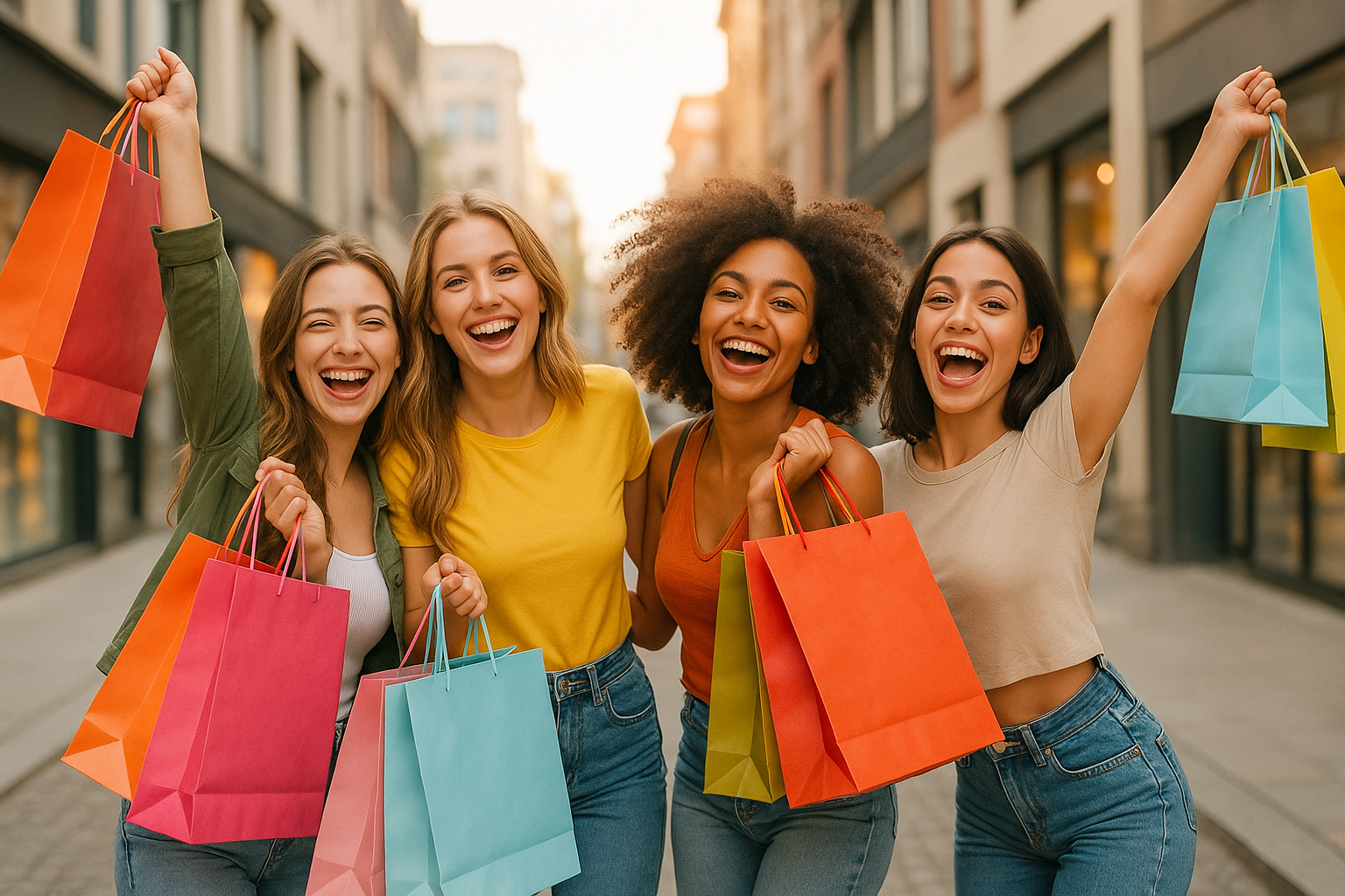 happy girls having shopping bag that shows they are happy to shop with us, eye catching 