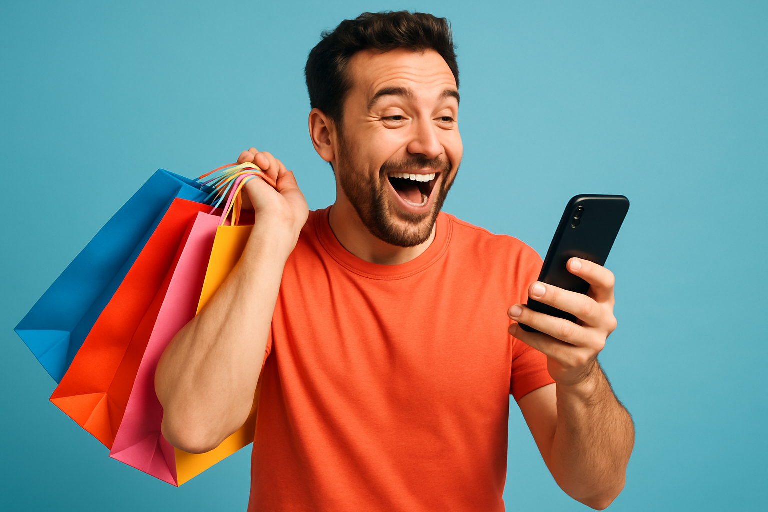 man having shopping bags and mobile to shop, showing laughing and ashtonished satisfied to shop with us 